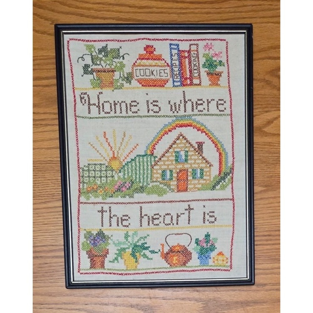 Vintage "Home Is Where the Heart Is" Cross Stitch Sampler Framed Needlework